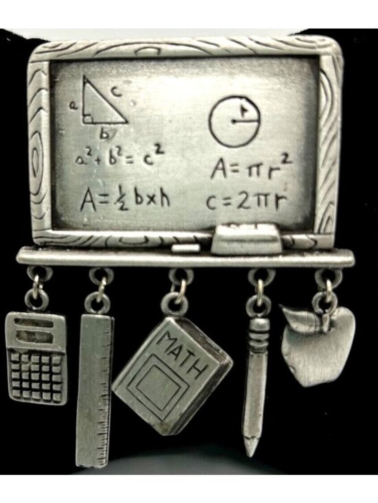 JJ Jewelry - Vintage JJ Teacher Brooch Pewter Math Pin Chalkboard Calculator Charms 2.5 inch